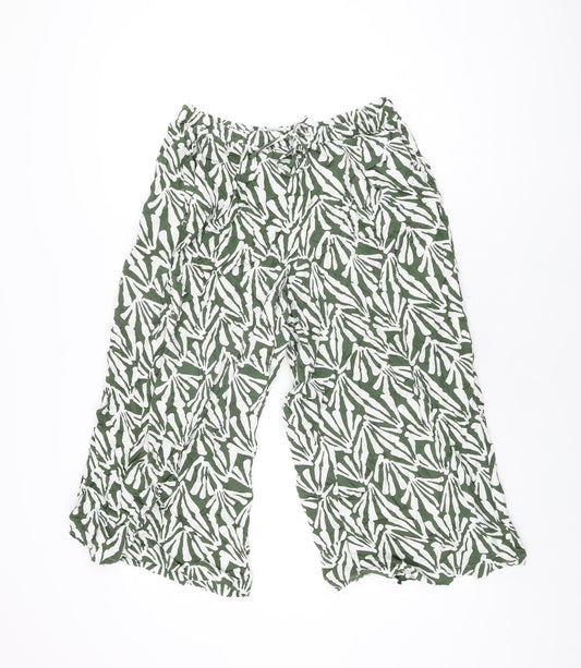 Marks and Spencer Womens Green Geometric Viscose Cropped Trousers Size 12 Regular Drawstring