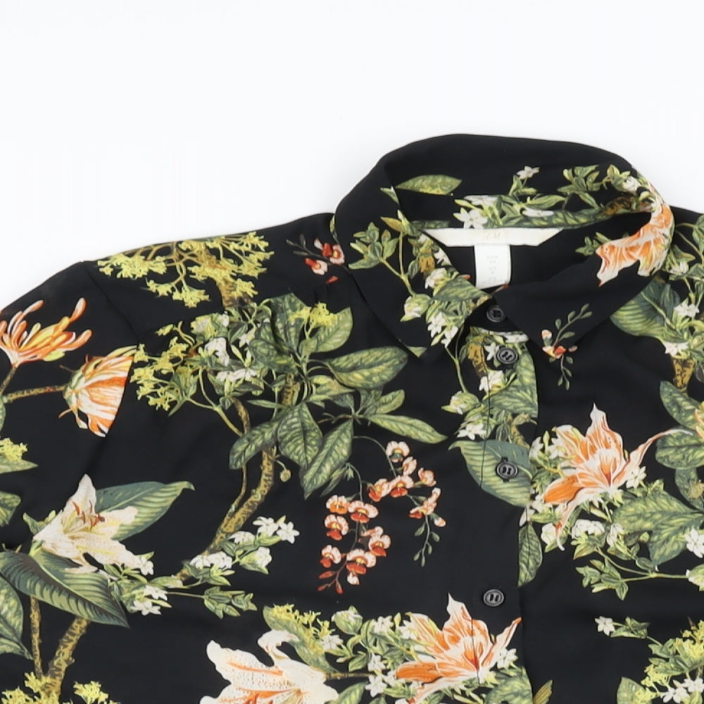 H&M Womens Black Floral Polyester Basic Button-Up Size 8 Collared