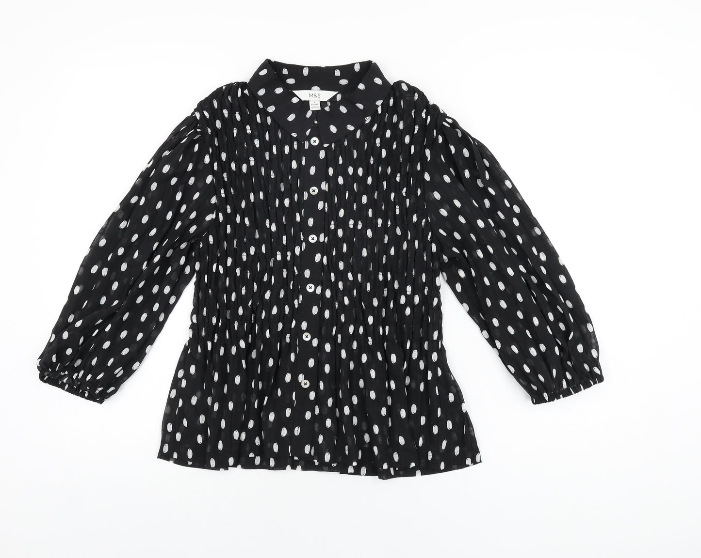 Marks and Spencer Womens Black Polka Dot Polyester Basic Button-Up Size 8 Collared