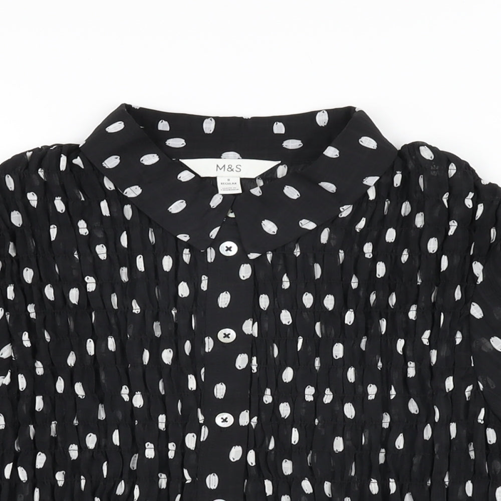 Marks and Spencer Womens Black Polka Dot Polyester Basic Button-Up Size 8 Collared