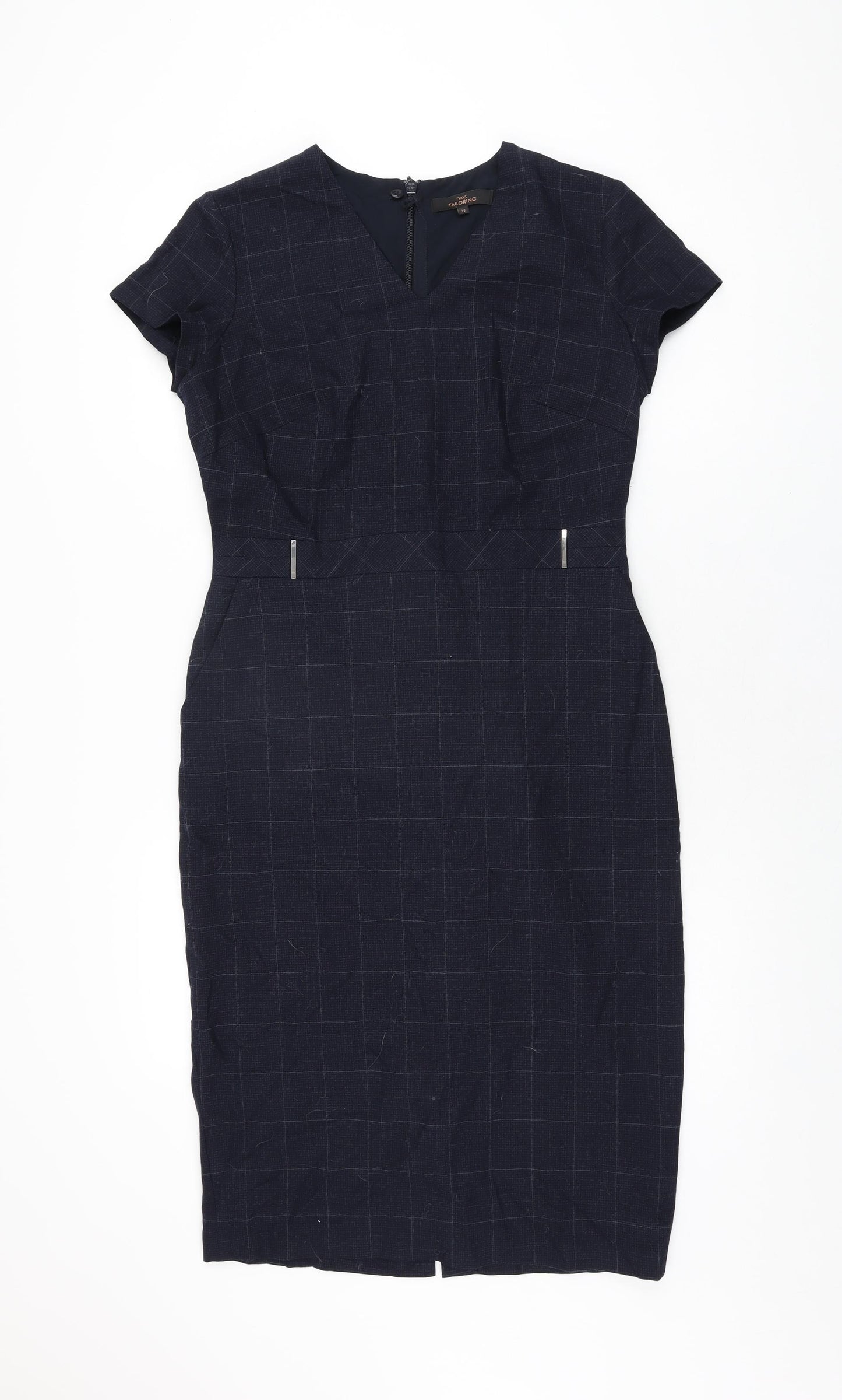 NEXT Womens Blue Plaid Wool Bodycon Size 12 V-Neck Zip