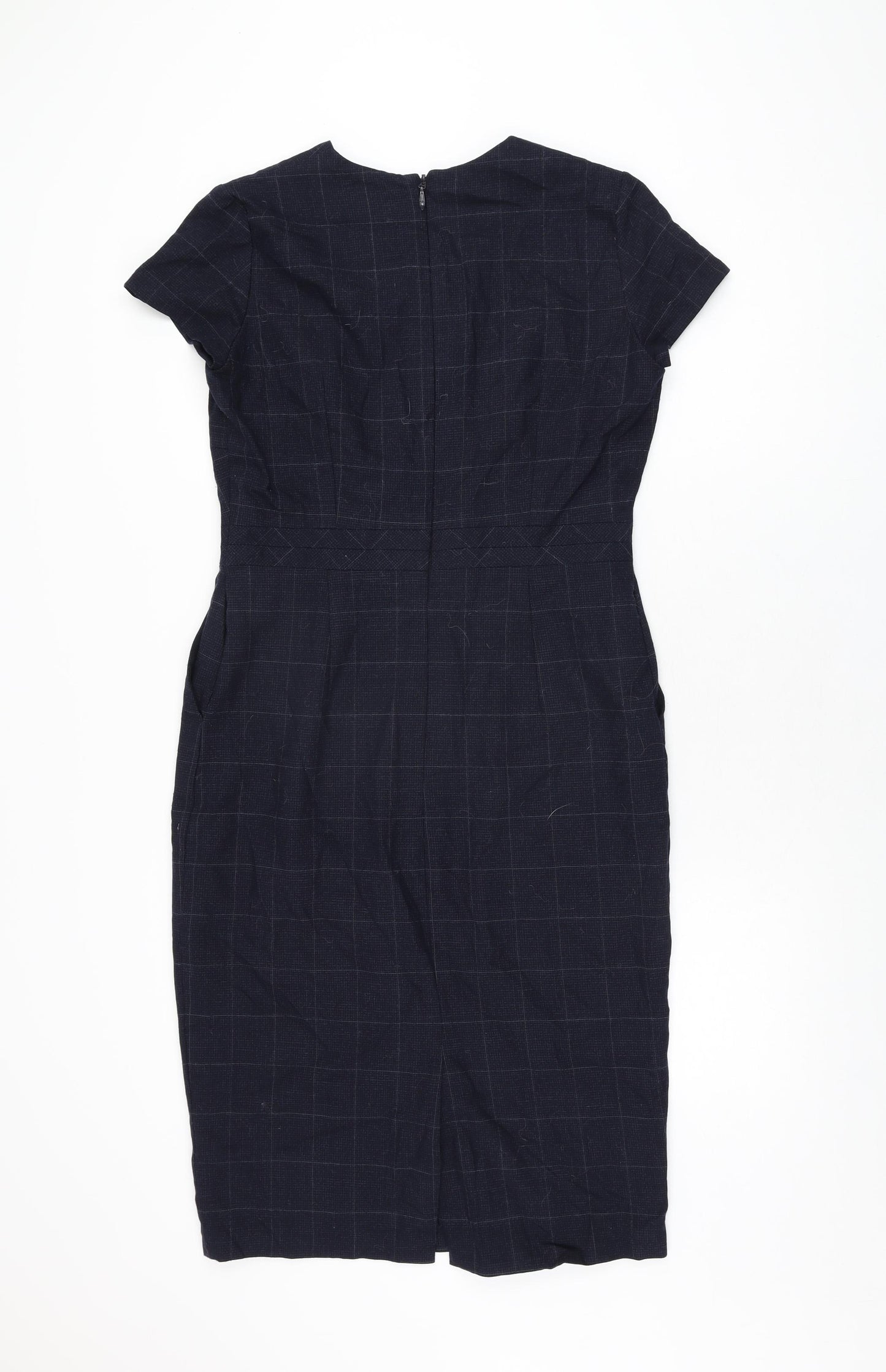 NEXT Womens Blue Plaid Wool Bodycon Size 12 V-Neck Zip