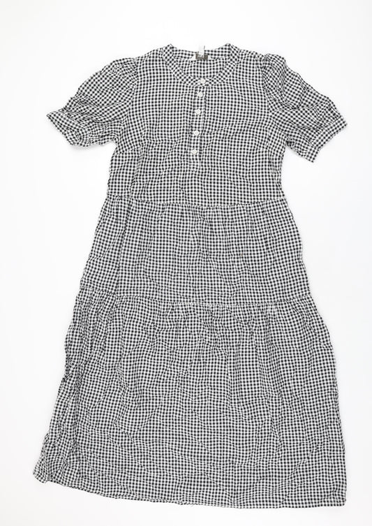 Marks and Spencer Womens White Gingham Cotton A-Line Size 12 Round Neck Button