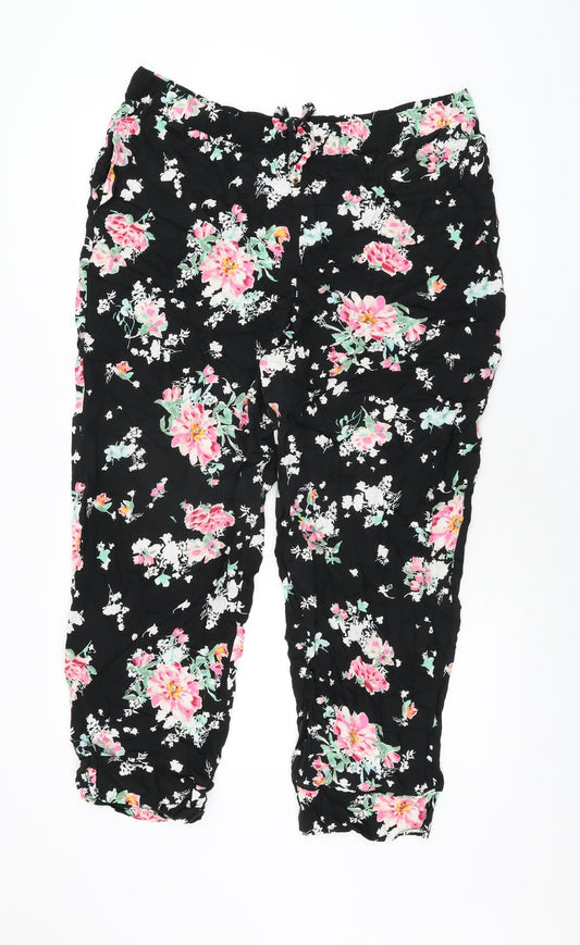 Marks and Spencer Womens Black Floral Viscose Trousers Size 18 L27 in Regular Drawstring