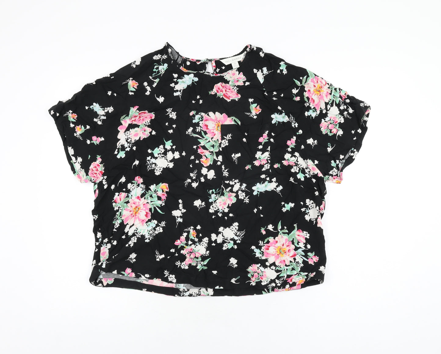 Marks and Spencer Womens Black Floral Viscose Basic T-Shirt Size 18 Round Neck