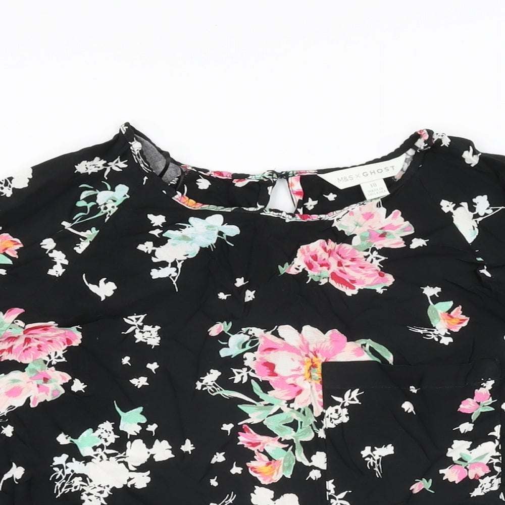 Marks and Spencer Womens Black Floral Viscose Basic T-Shirt Size 18 Round Neck