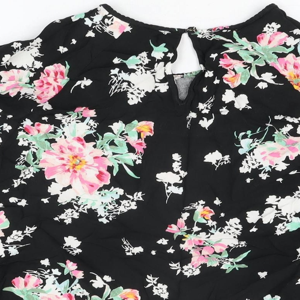 Marks and Spencer Womens Black Floral Viscose Basic T-Shirt Size 18 Round Neck