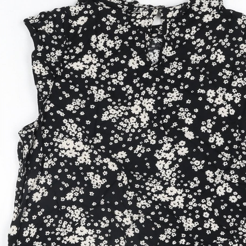 New Look Womens Black Floral Viscose Basic T-Shirt Size 14 Round Neck