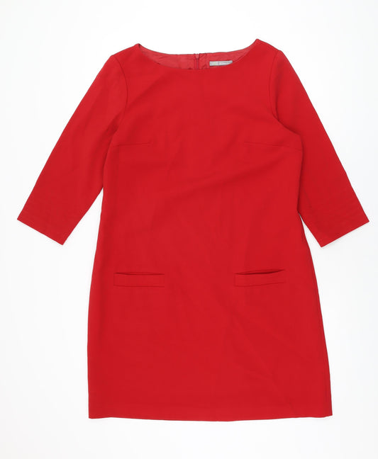 Marks and Spencer Womens Red Polyester Shift Size 14 Boat Neck Zip