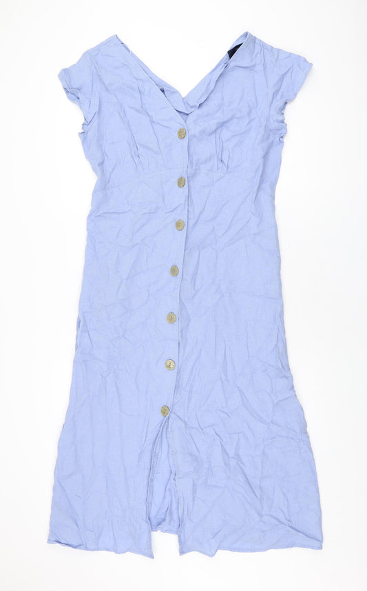 NEXT Womens Blue Lyocell A-Line Size 14 V-Neck Button