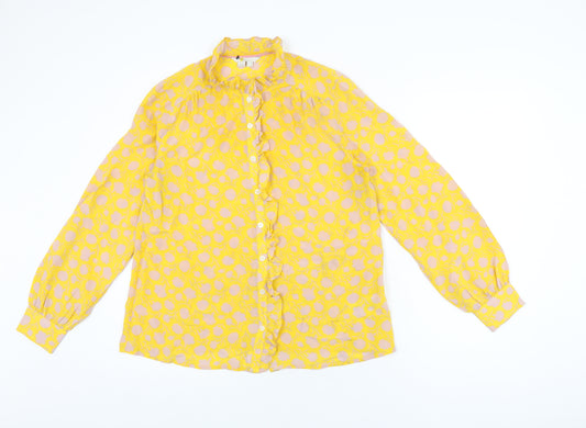 Boden Womens Yellow Floral Silk Basic Button-Up Size 12 Round Neck