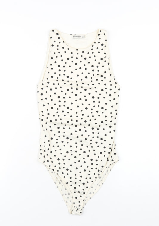 Stradivarius Womens Ivory Polka Dot Polyester Bodysuit One-Piece Size S Snap