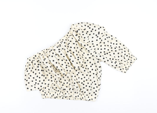 Topshop Womens Ivory Polka Dot Polyester Basic T-Shirt Size 8 One Shoulder