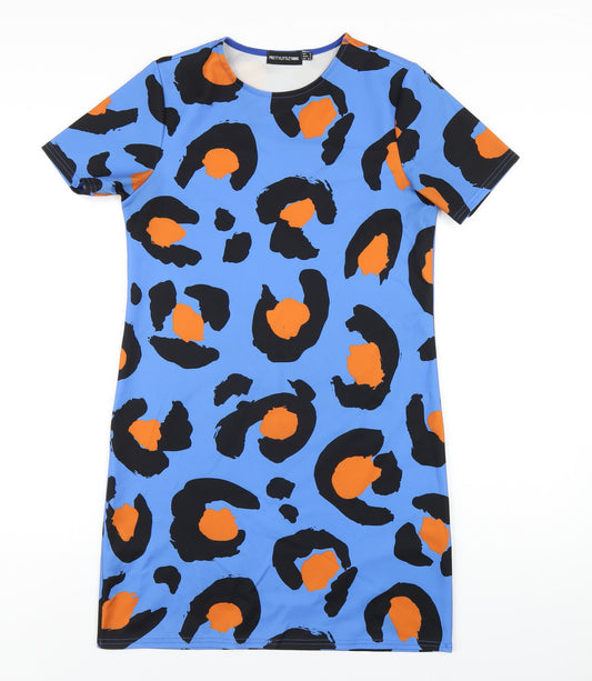 prettylitt Womens Blue Animal Print Polyester T-Shirt Dress Size 6 Round Neck Pullover - Leopard Print