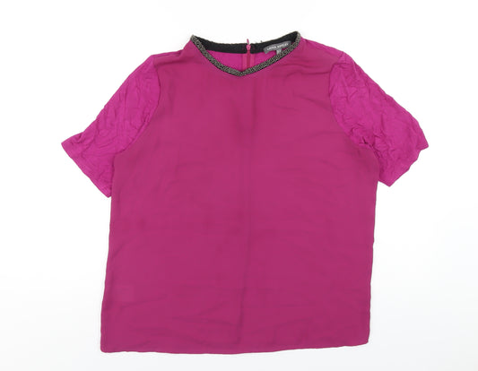 Laura Ashley Womens Pink Viscose Basic T-Shirt Size 14 Round Neck - Beaded Neckline