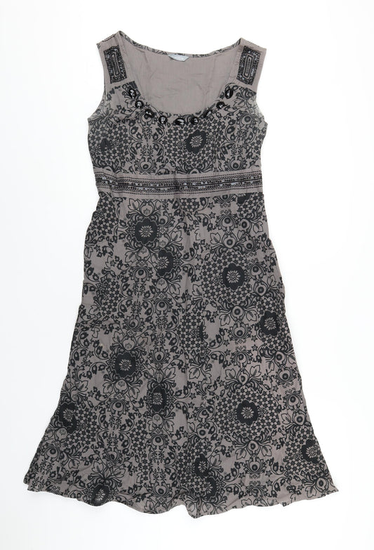 Per Una Womens Grey Geometric Cotton A-Line Size 14 Scoop Neck Zip - Beaded Neckline