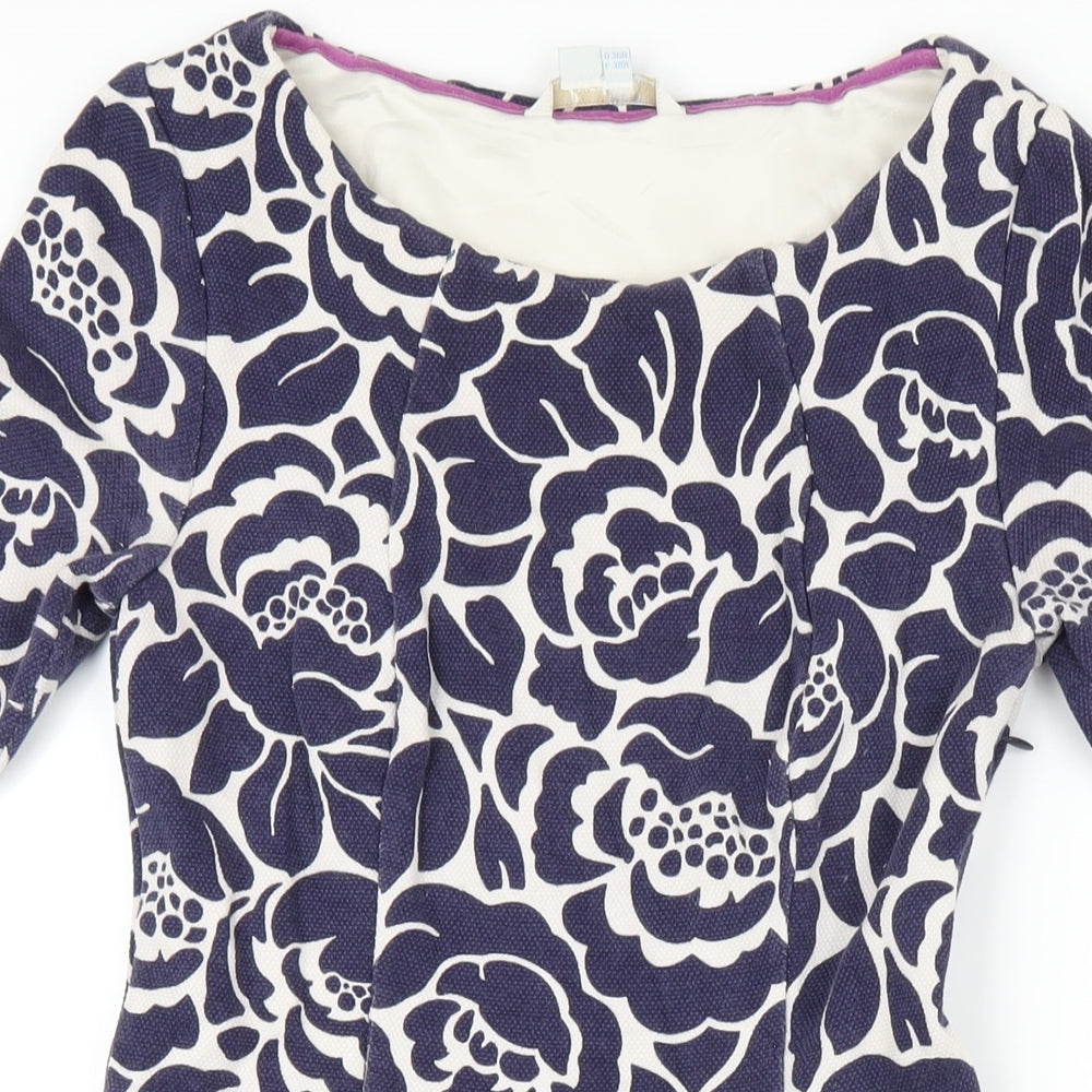 Boden Womens Blue Floral Cotton A-Line Size 10 Round Neck Zip