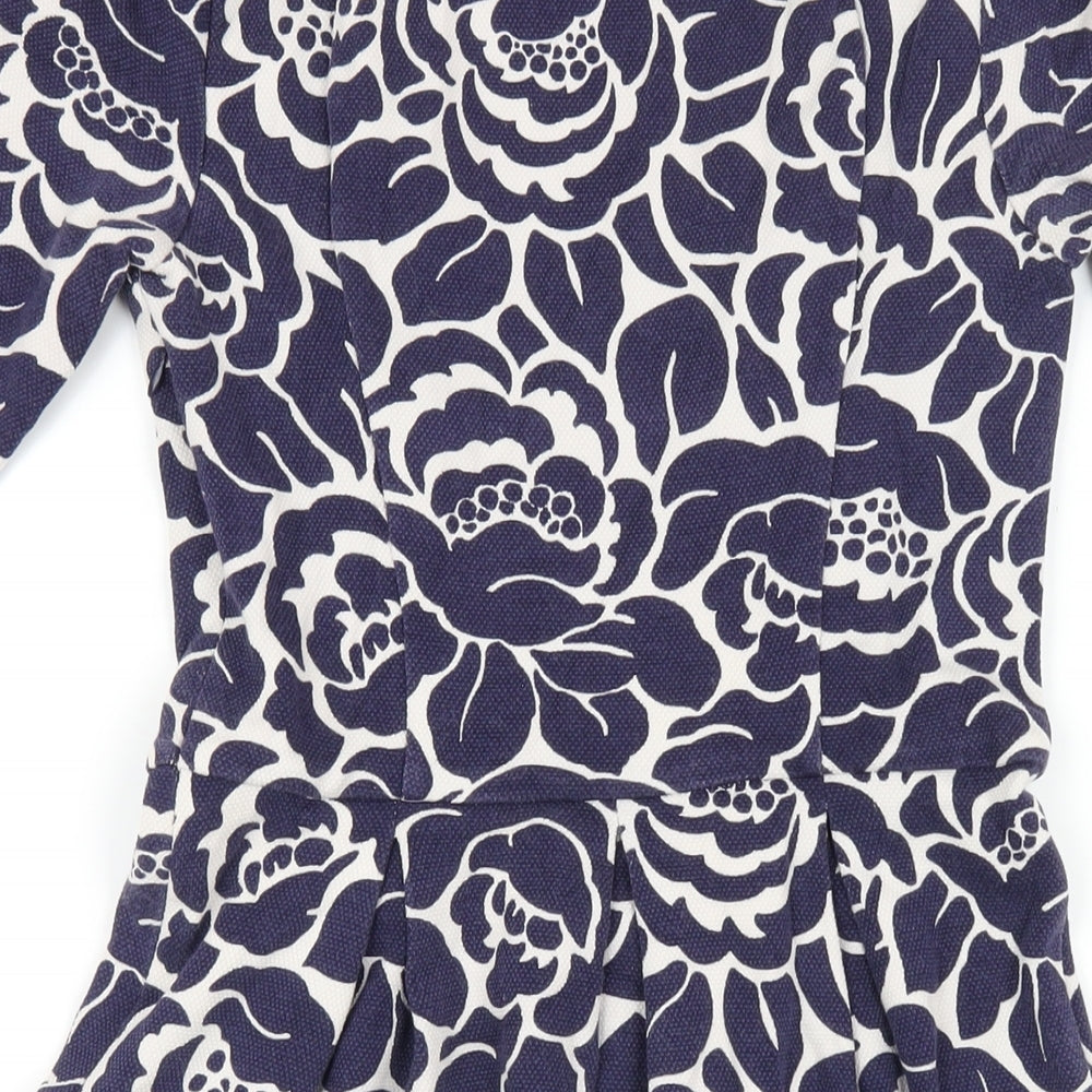 Boden Womens Blue Floral Cotton A-Line Size 10 Round Neck Zip