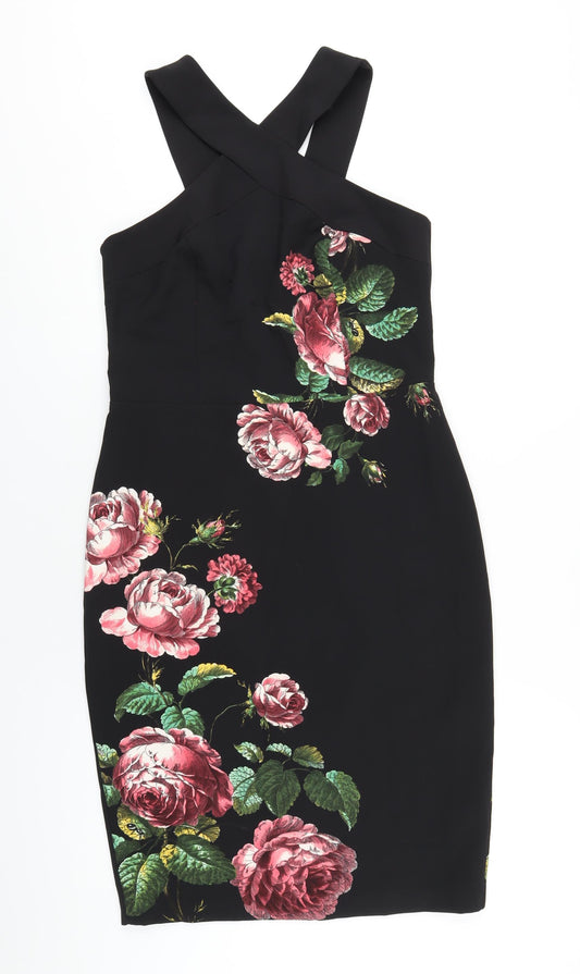 Oasis Womens Black Floral Polyester Bodycon Size 12 V-Neck Zip