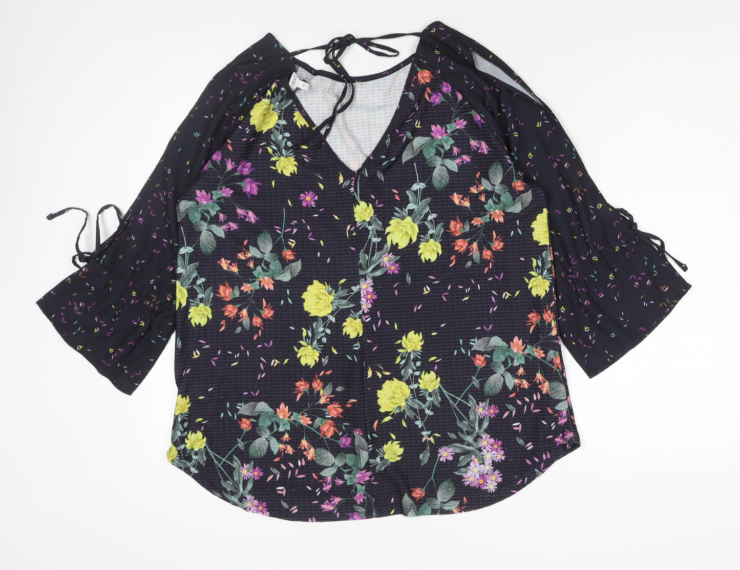 NEXT Womens Blue Geometric Polyester Basic Blouse Size 16 Round Neck - Bow Sleeve Cut Out Floral Print