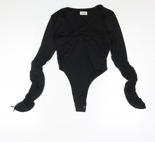 Oh Polly Womens Black Polyester Bodysuit One-Piece Size 8 Snap - Drawstring Sleeves