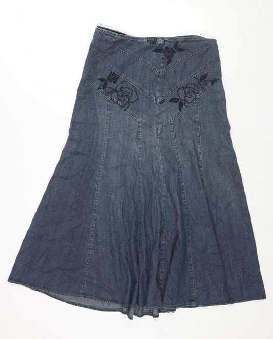 Marks and Spencer Womens Blue Cotton Trumpet Skirt Size 12 Zip - Floral Embroidery