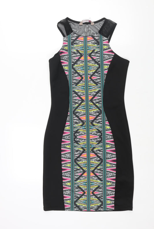 Awear Womens Black Polyester Bodycon Size 10 Round Neck Pullover - Geometric Print