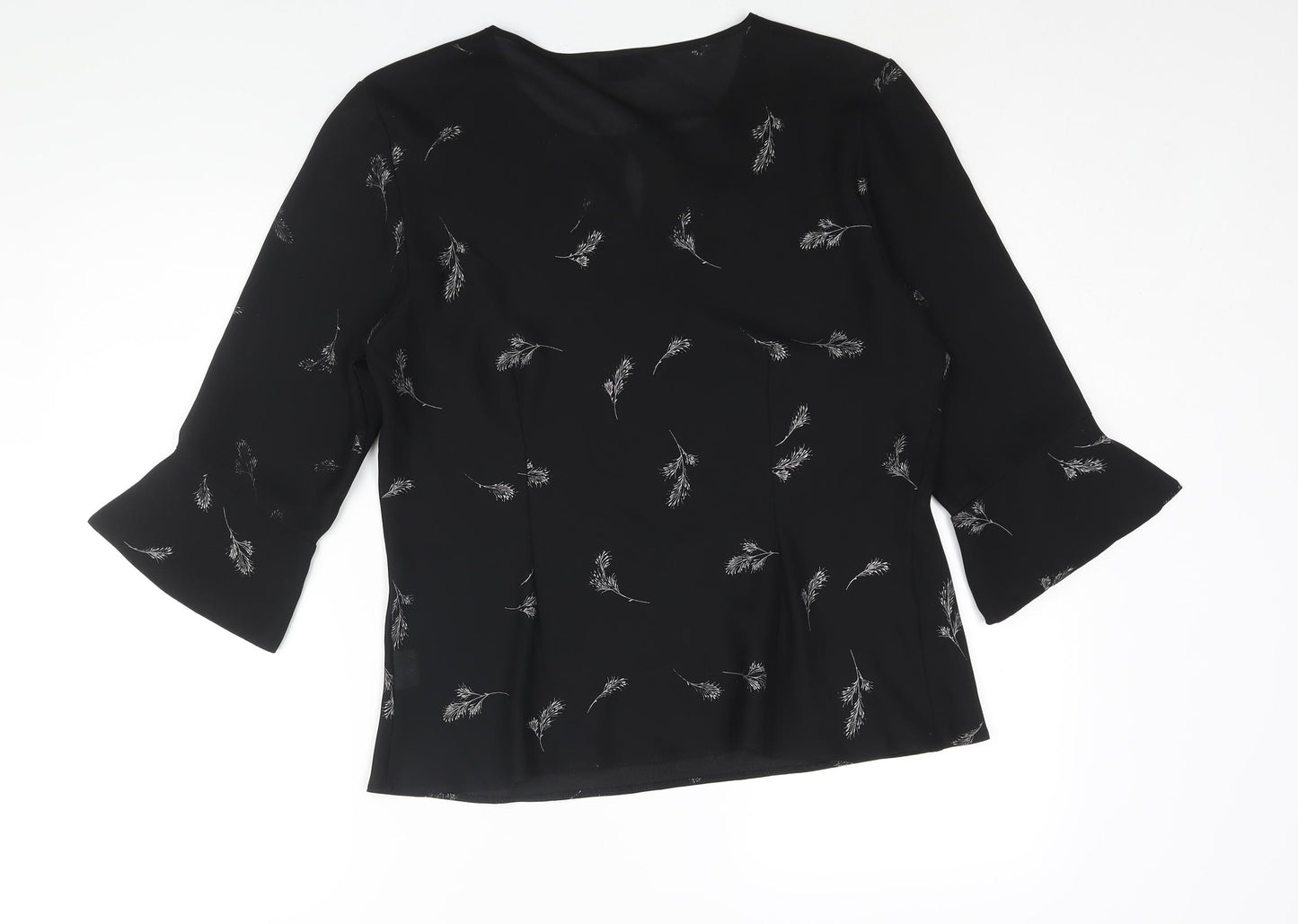 Reflections Womens Black Geometric Polyester Basic Blouse Size M Round Neck - Leaf Print Keyhole Neck