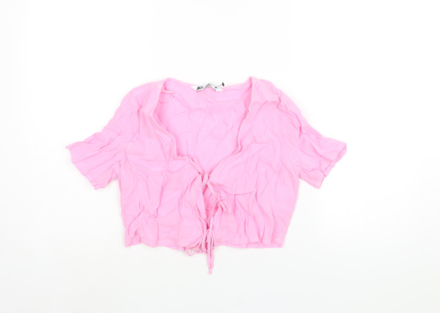 Zara Womens Pink Linen Cropped Blouse Size S V-Neck