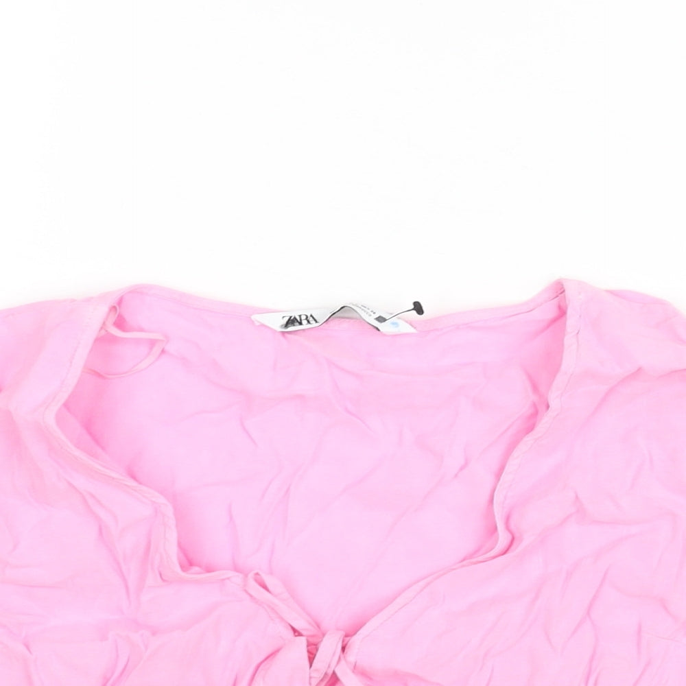 Zara Womens Pink Linen Cropped Blouse Size S V-Neck