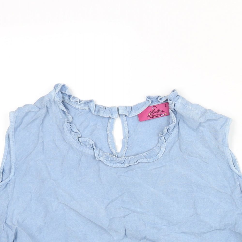 Lucky Charm Womens Blue Viscose Basic Blouse Size L Round Neck - Cold Shoulder Bow