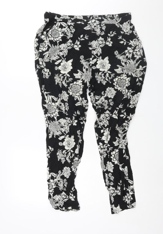 M&Co Womens Black Floral Viscose Harem Trousers Size 14 L26 in Regular