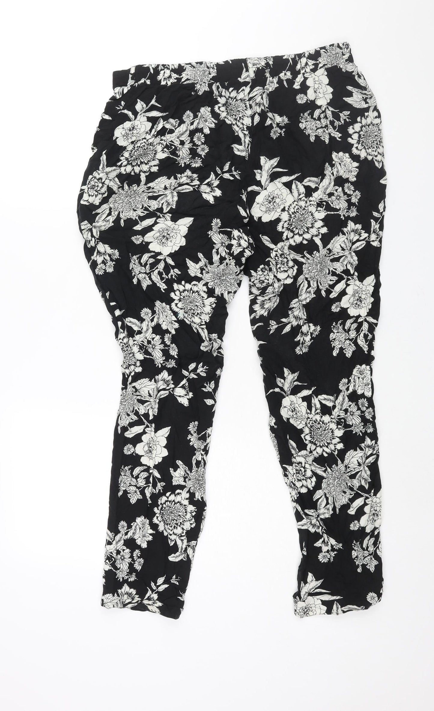 M&Co Womens Black Floral Viscose Harem Trousers Size 14 L26 in Regular