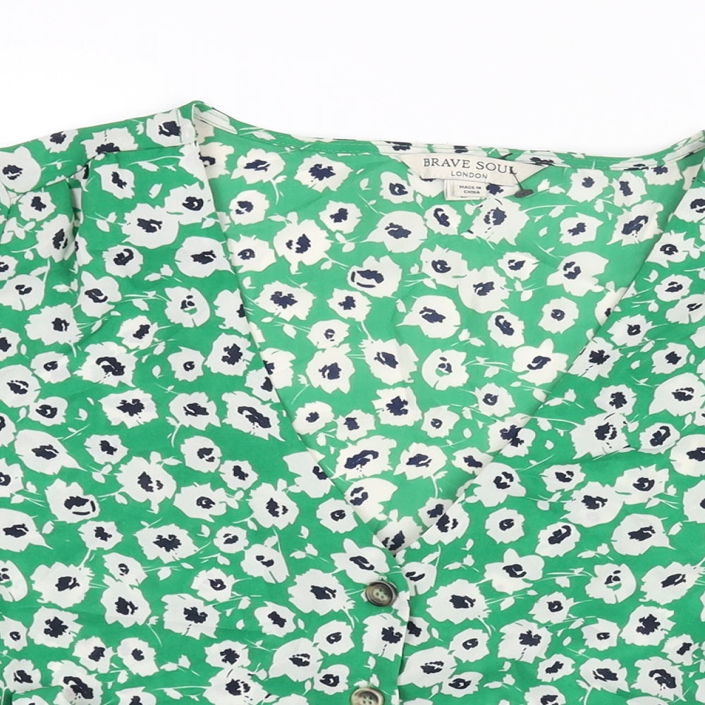 Brave Soul Womens Green Geometric Polyester Basic Blouse Size L V-Neck - Tie Detail Peplum