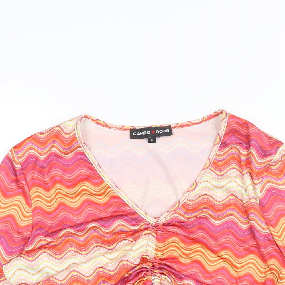 Cameo Rose Womens Multicoloured Geometric Polyester Cropped Blouse Size 8 V-Neck - Drawstring Detail