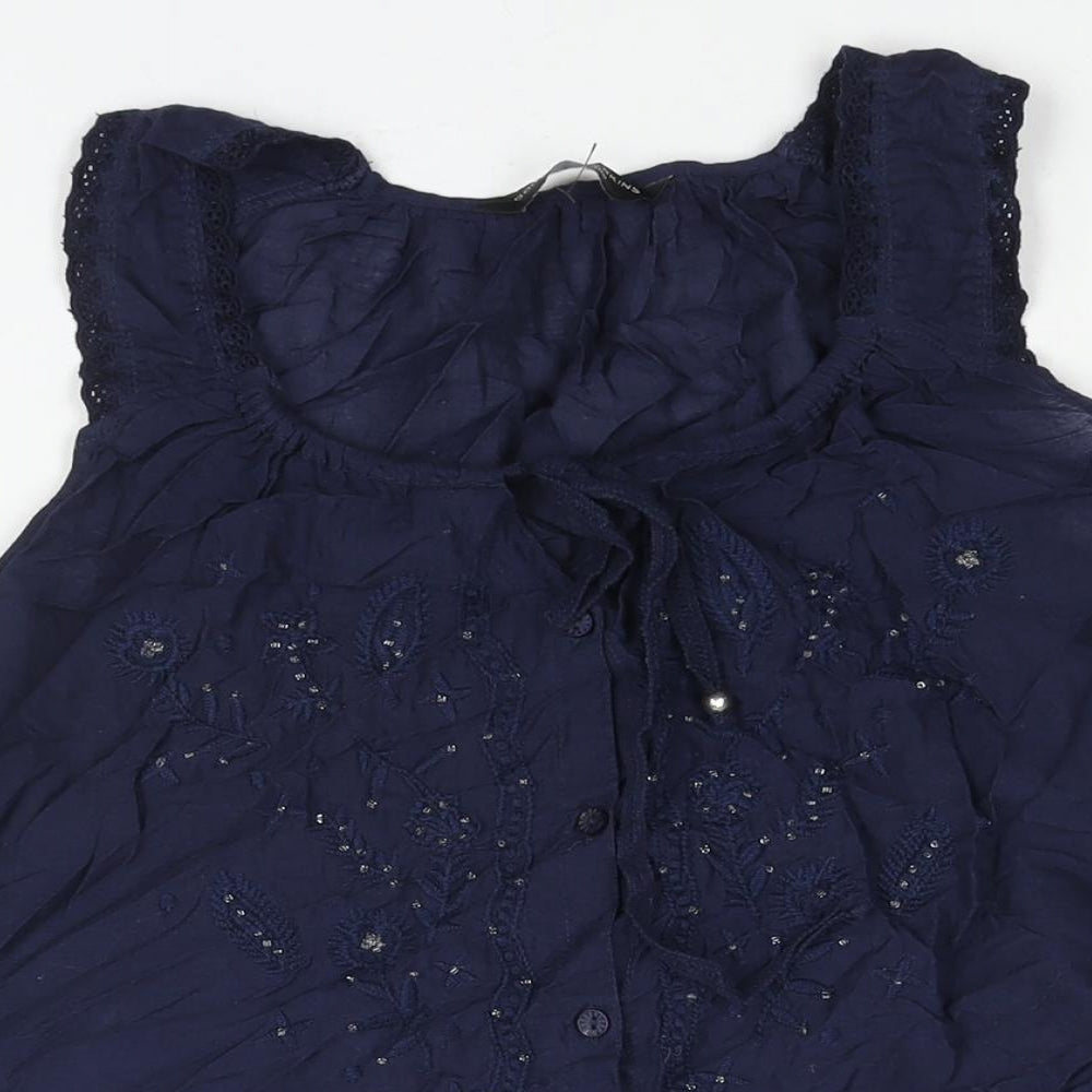 Dorothy Perkins Womens Blue Cotton Basic Blouse Size 10 Round Neck - Embroidered Beading Detail