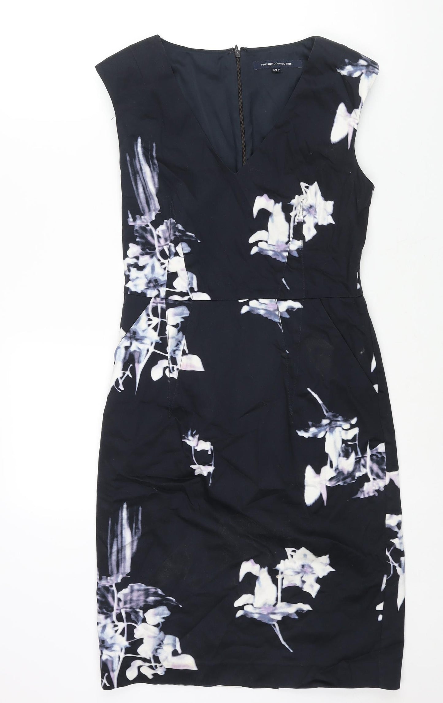 French Connection Womens Blue Floral Cotton Pencil Dress Size 10 V-Neck Zip