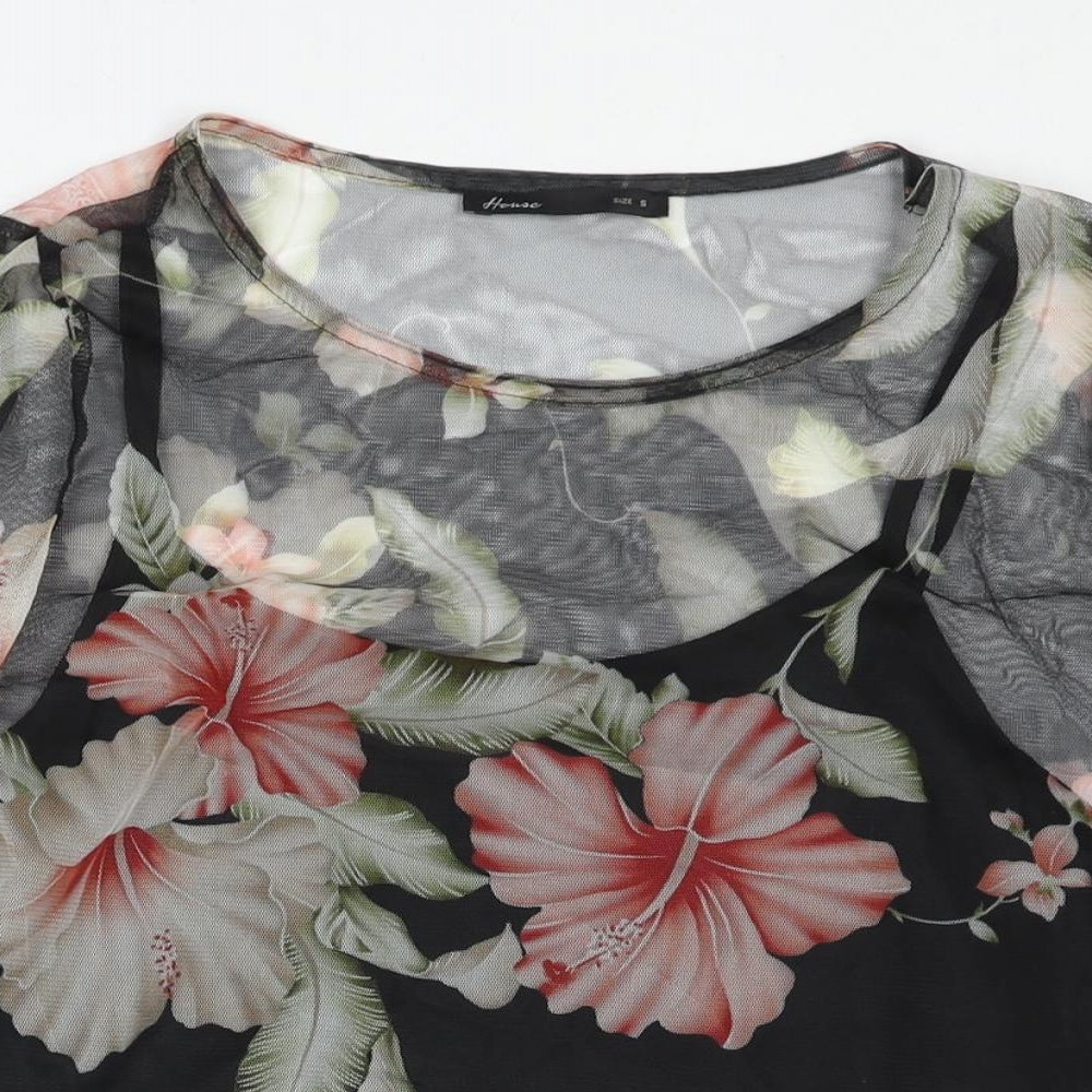 House Womens Black Floral Polyester Basic Blouse Size S Round Neck