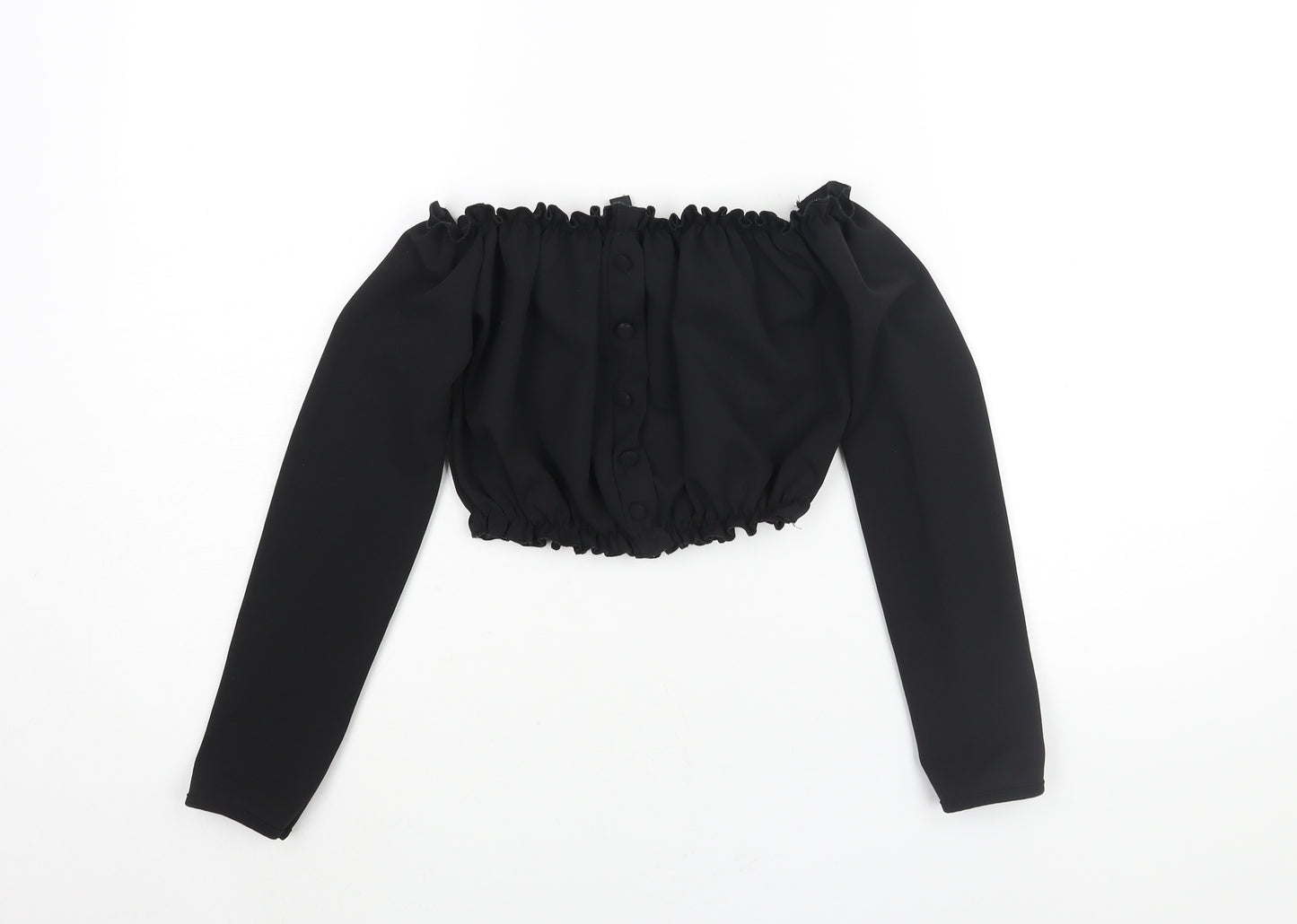 New Look Womens Black Polyester Cropped Blouse Size 6 Off the Shoulder - Rouched Button Detail