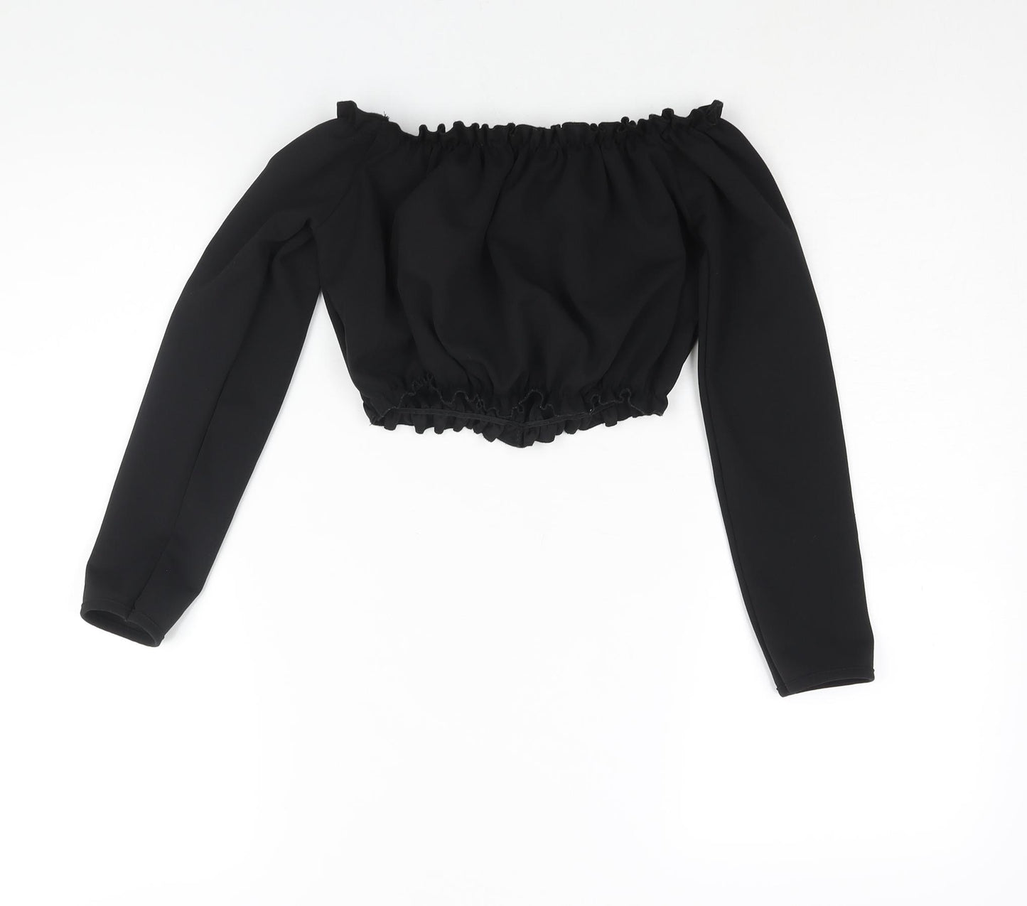 New Look Womens Black Polyester Cropped Blouse Size 6 Off the Shoulder - Rouched Button Detail