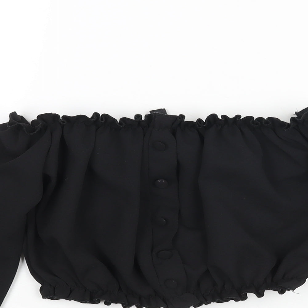 New Look Womens Black Polyester Cropped Blouse Size 6 Off the Shoulder - Rouched Button Detail