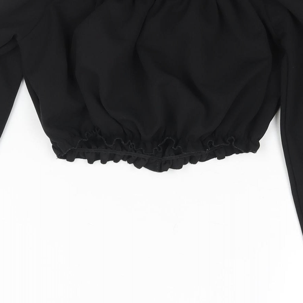 New Look Womens Black Polyester Cropped Blouse Size 6 Off the Shoulder - Rouched Button Detail