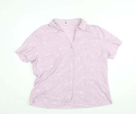 Damart Womens Pink Cotton Basic Button-Up Size 22 Collared - Floral Embroidery