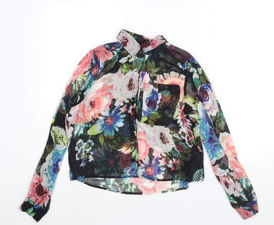 H&M Womens Multicoloured Floral Polyester Basic Blouse Size 4 Collared - Semi Sheer