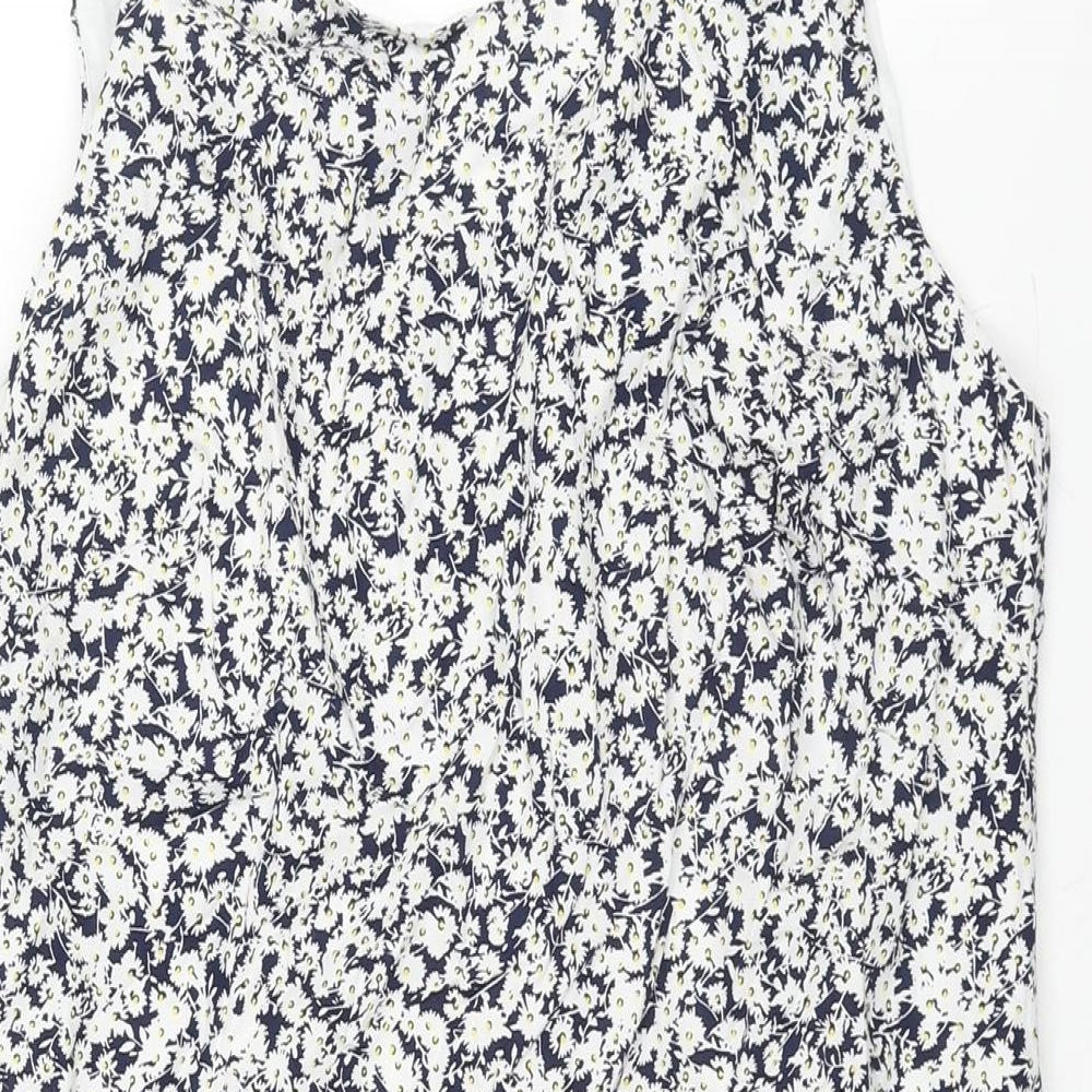 Zara Womens Blue Floral Cotton Mini Size L Boat Neck Zip - Open Back Frill