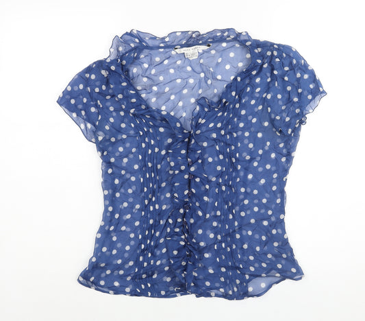 Zara Womens Blue Polka Dot Silk Basic Blouse Size L V-Neck - Frill Semi Sheer