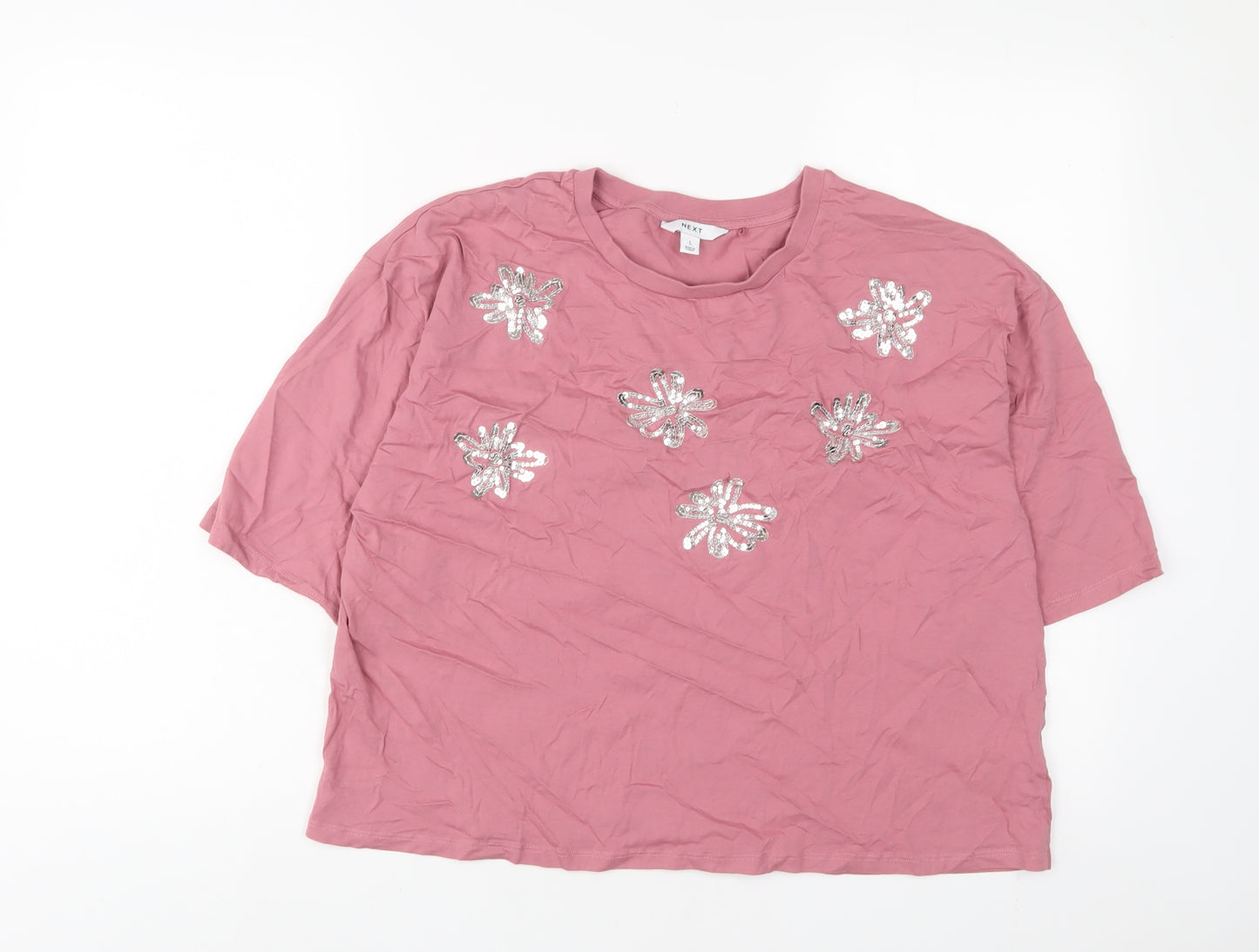 NEXT Womens Pink Cotton Cropped T-Shirt Size L Crew Neck - Flowers, Sequins