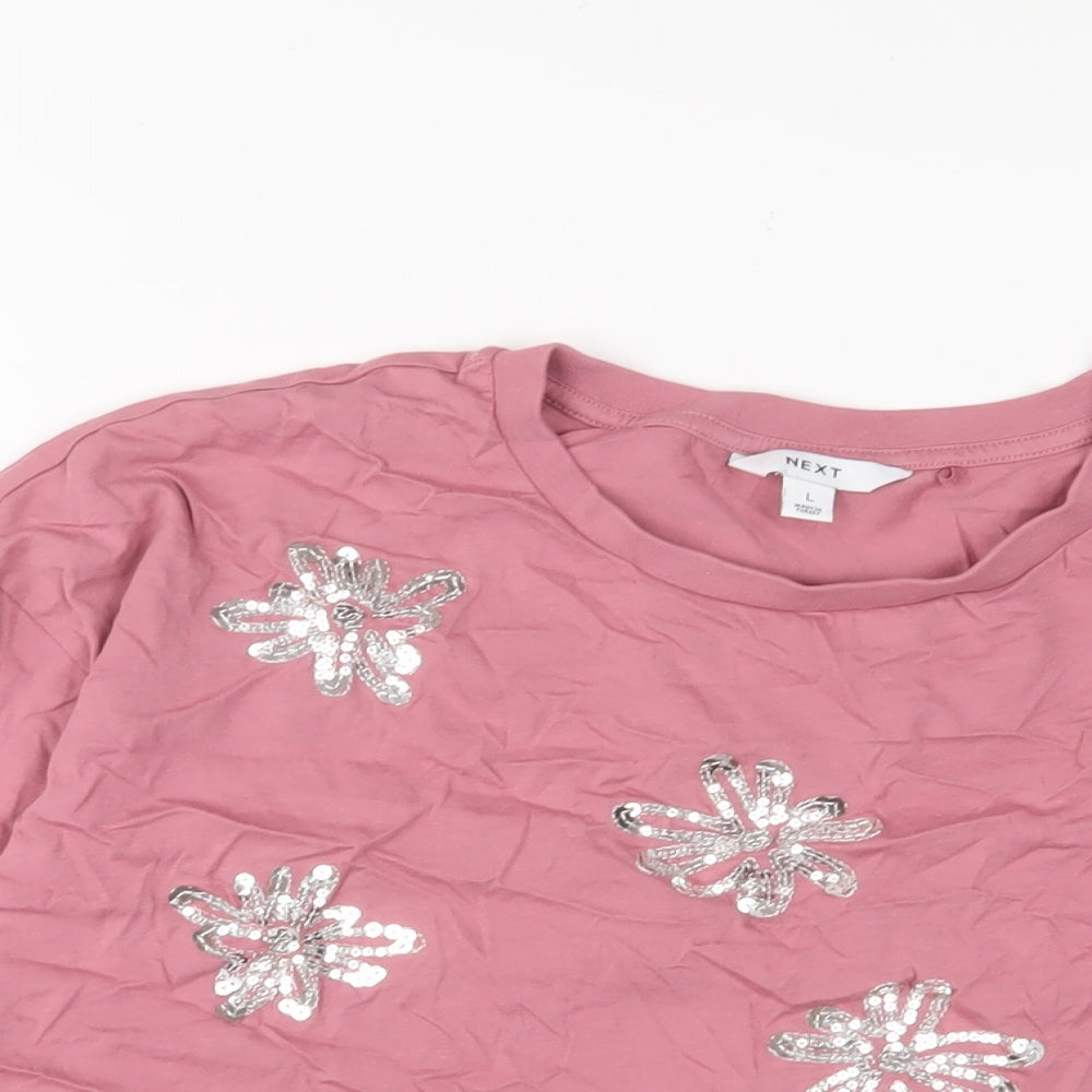 NEXT Womens Pink Cotton Cropped T-Shirt Size L Crew Neck - Flowers, Sequins