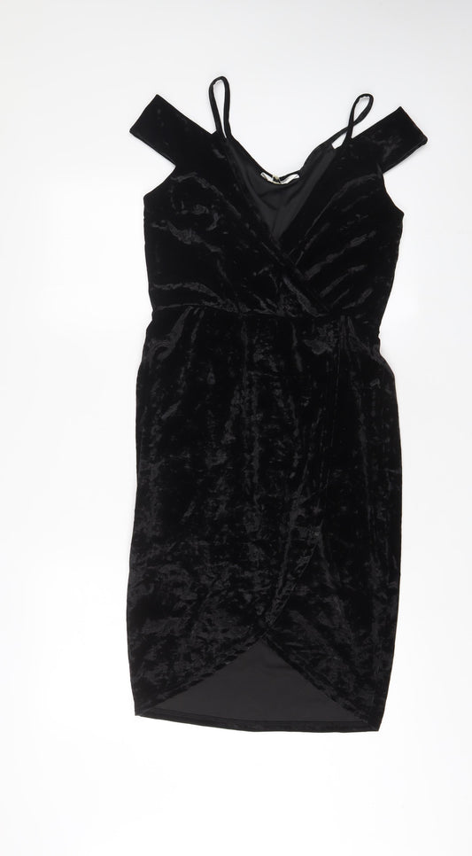 Miss Selfridge Womens Black Polyester Bodycon Size 12 V-Neck Pullover - Cold Shoulder