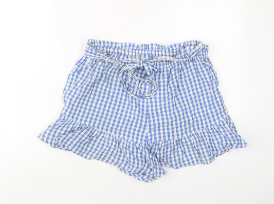 New Look Womens Blue Plaid Cotton Paperbag Shorts Size 12 L3 in Regular Pull On - Belted